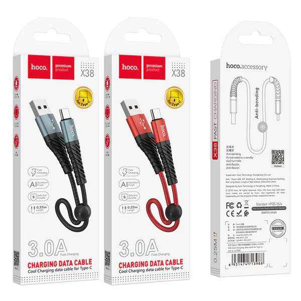 Hoco tech X38 Cool Charging Data Cable for Type-C (L=0.25M)