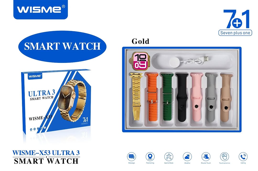 WISME X53 Ultra 3 Smartwatch Premium Gold Edition with 7+1 Straps Bluetooth Calling Sports Health Tracking