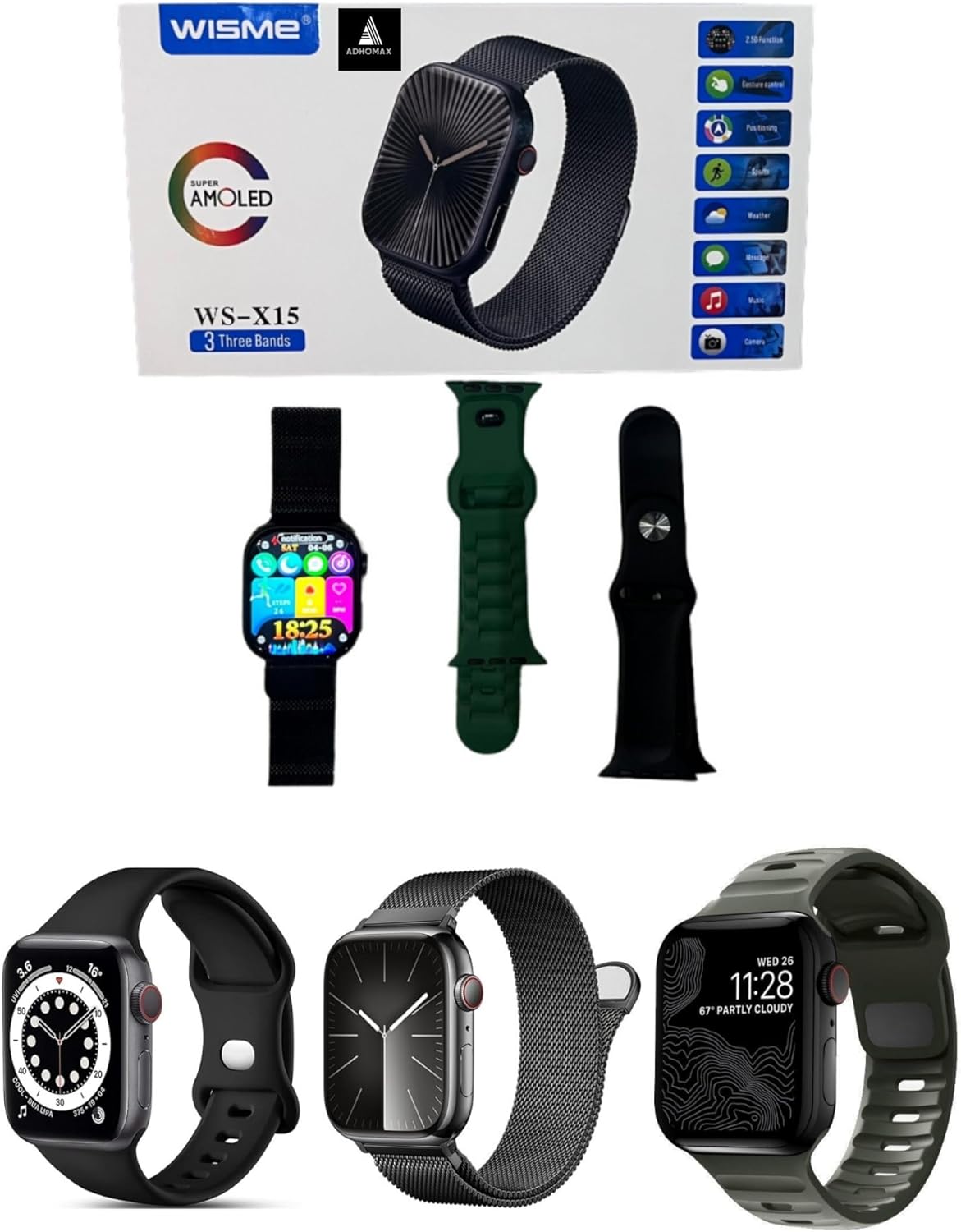 ADHOMAX Wisme WS-X15 Smartwatch Super AMOLED 5D Display GPS Gesture Control Bluetooth Calls Fitness Health Tracker with 3 Straps (Black)