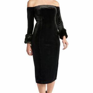 Joia Dress - Velvet off the shoulder long sleeve dress with faux fur