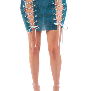 Full Rhinestones 4 Sides Lace Up Party Rave Club Mini Skirt TEAL