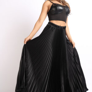 Elastic High Waist A-Line Pleated Satin Maxi Skirt Formal Prom BLACK