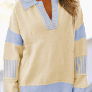 Stripe Colorblock Collared Drop Shoulder Sweater
